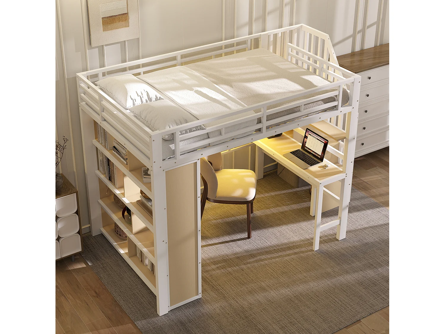 Lit mezzanine enfant - 140 x 200 cm - structure en fer - avec bureau + bibliothèque + Leds + escalier de rangement - métal - blanc