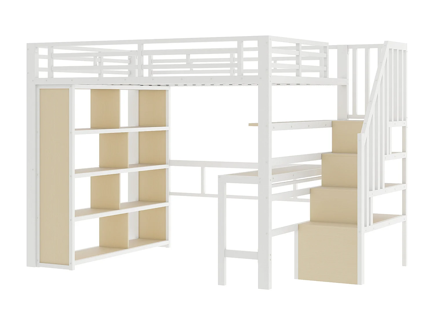 Lit mezzanine enfant - 140 x 200 cm - structure en fer - avec bureau + bibliothèque + Leds + escalier de rangement - métal - blanc