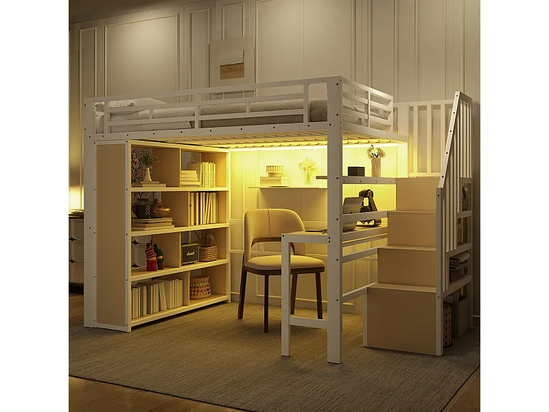 Lit mezzanine enfant - 140 x 200 cm - structure en fer - avec bureau + bibliothèque + Leds + escalier de rangement - métal - blanc