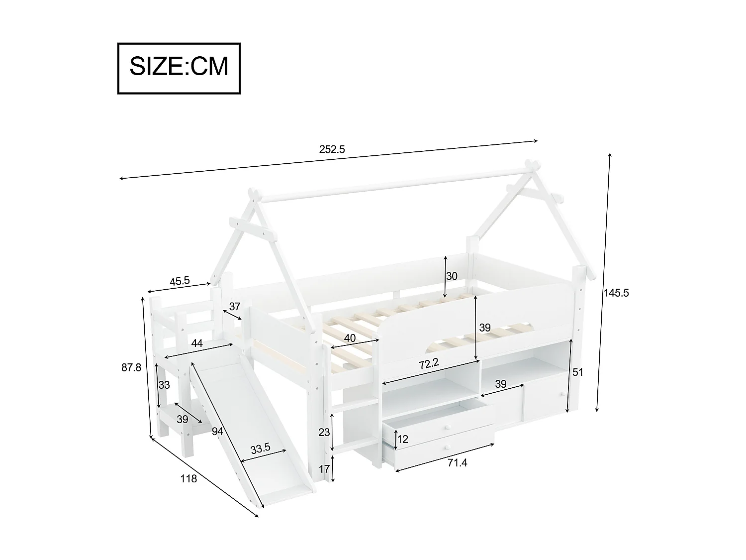 Lit mi hauteur pour enfant - 90 x 200 cm - structure en forme de toit - avec toboggan + tiroirs - bois - blanc