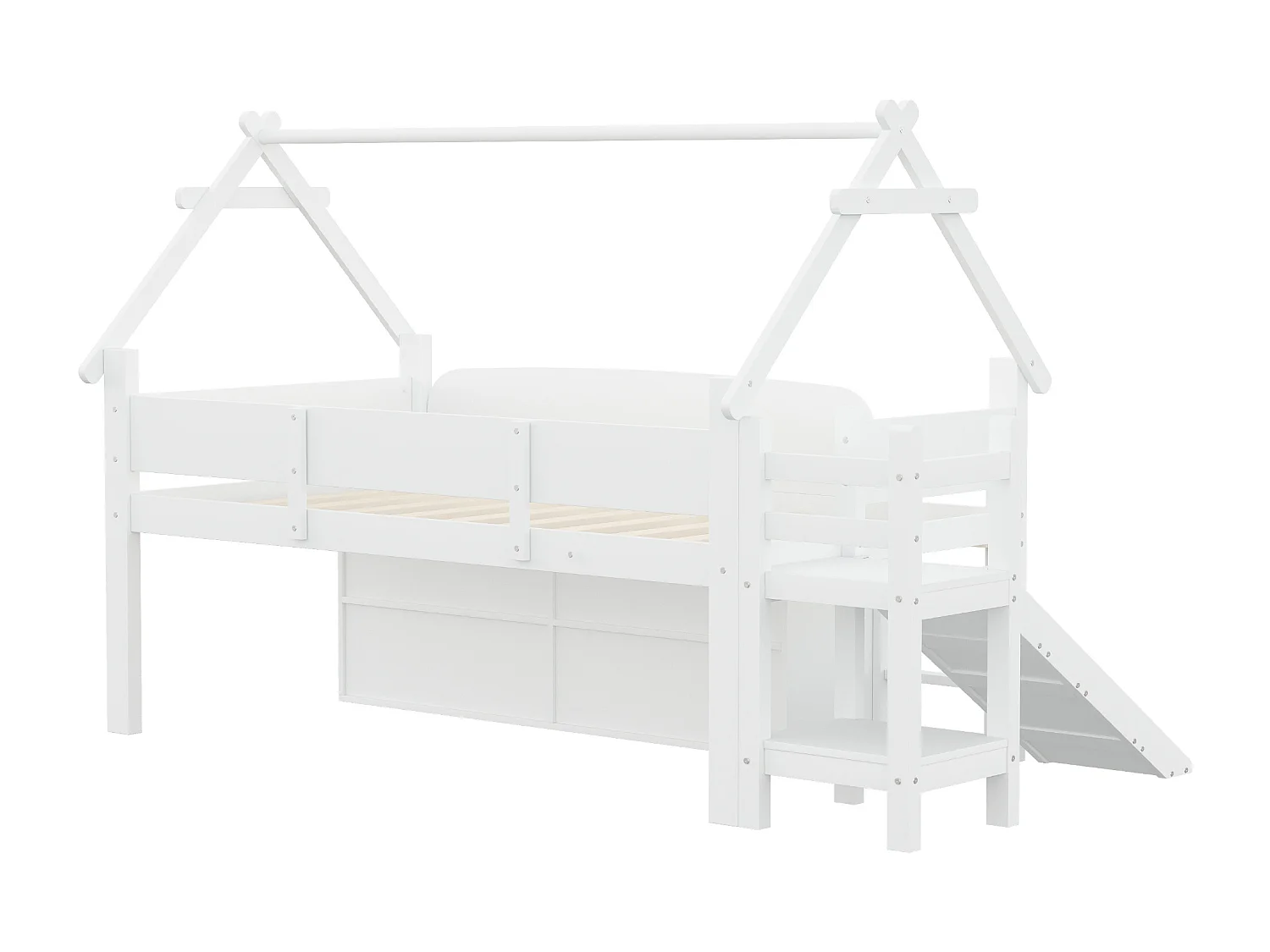 Lit mi hauteur pour enfant - 90 x 200 cm - structure en forme de toit - avec toboggan + tiroirs - bois - blanc