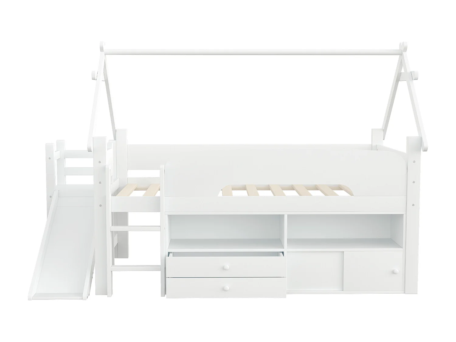 Lit mi hauteur pour enfant - 90 x 200 cm - structure en forme de toit - avec toboggan + tiroirs - bois - blanc