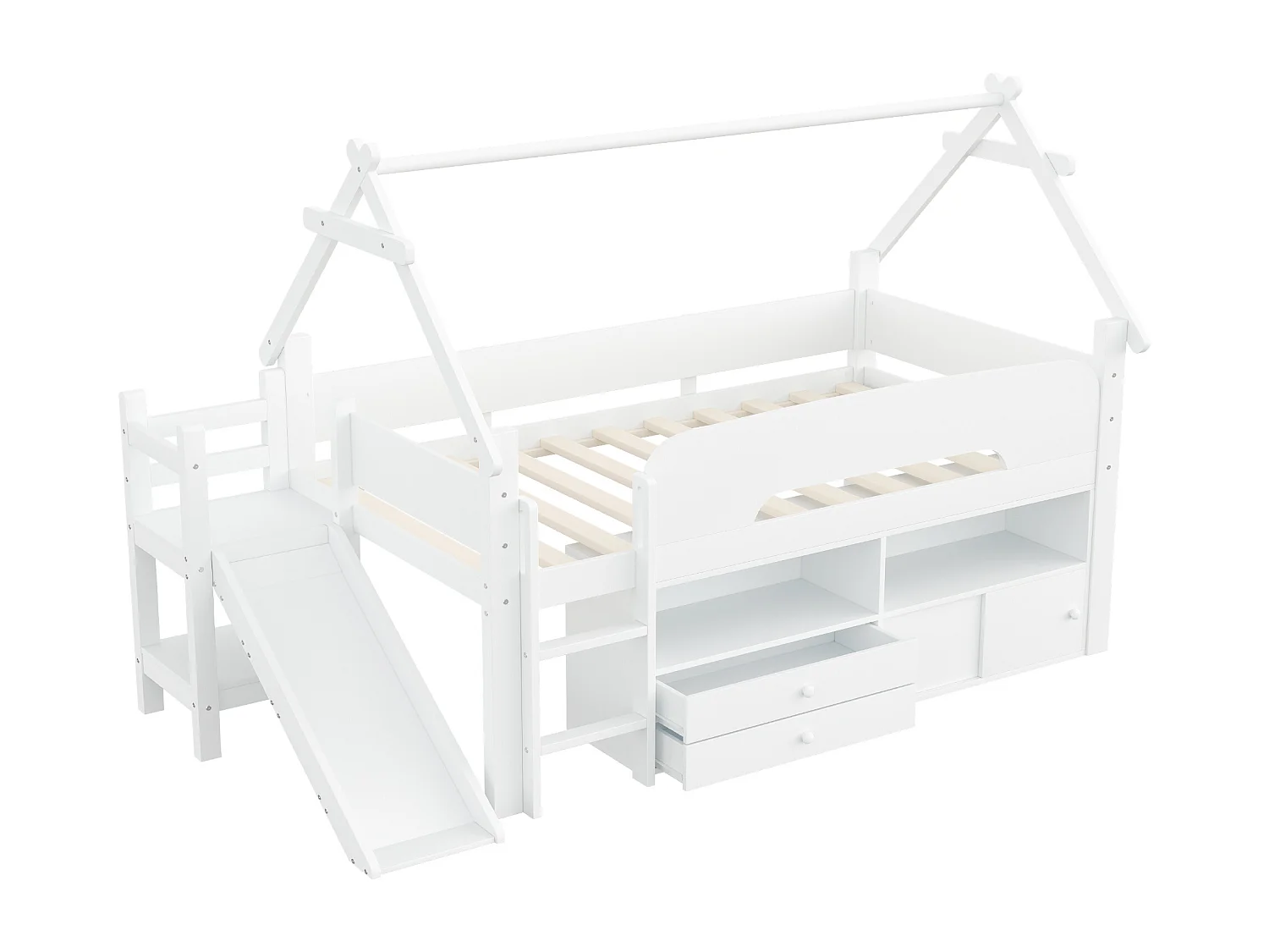 Lit mi hauteur pour enfant - 90 x 200 cm - structure en forme de toit - avec toboggan + tiroirs - bois - blanc
