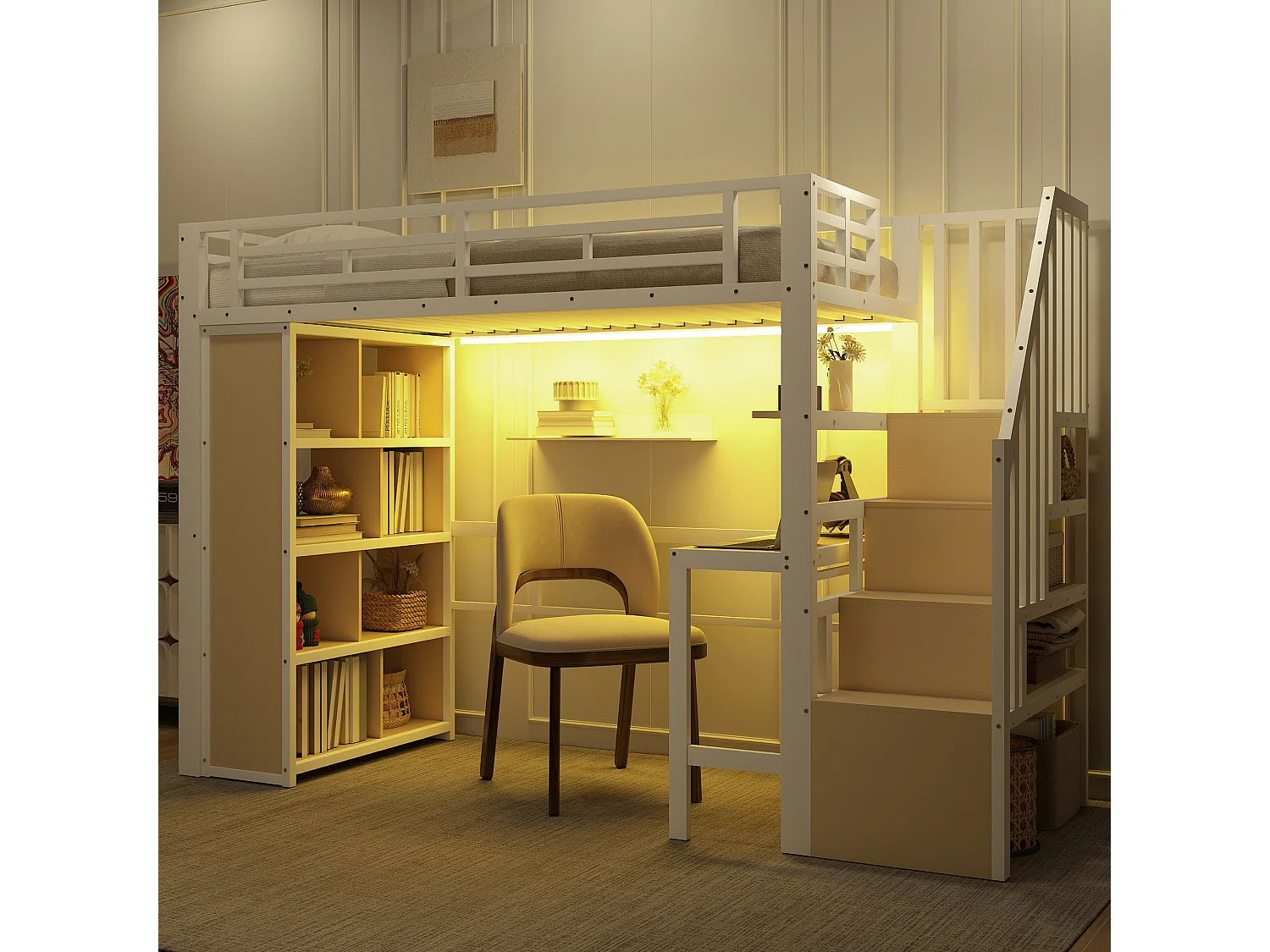 Lit mezzanine enfant - 90 x 200 cm - structure en fer - avec bureau + bibliothèque + Leds + escalier de rangement - métal - blanc