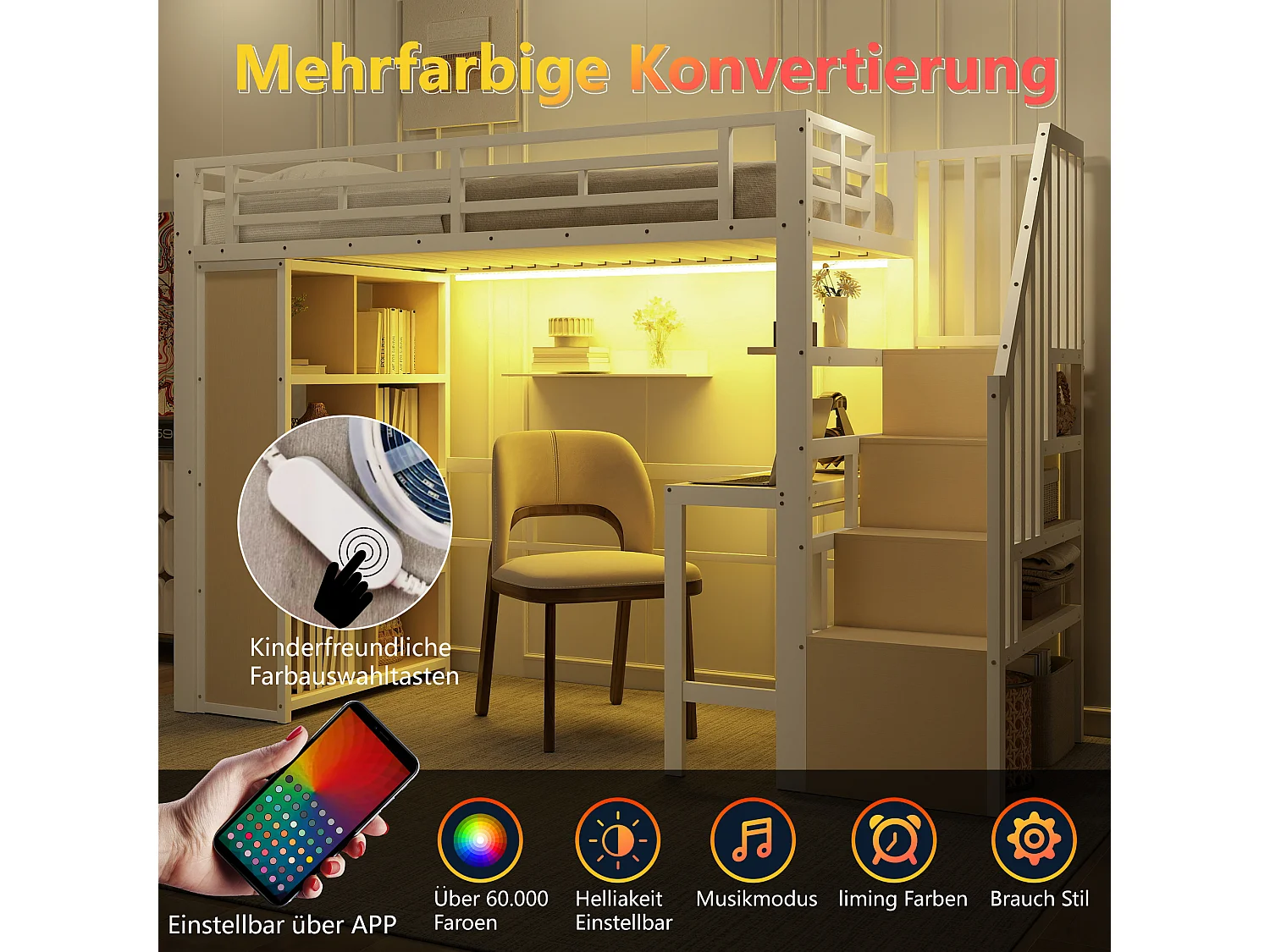 Lit mezzanine enfant - 90 x 200 cm - structure en fer - avec bureau + bibliothèque + Leds + escalier de rangement - métal - blanc