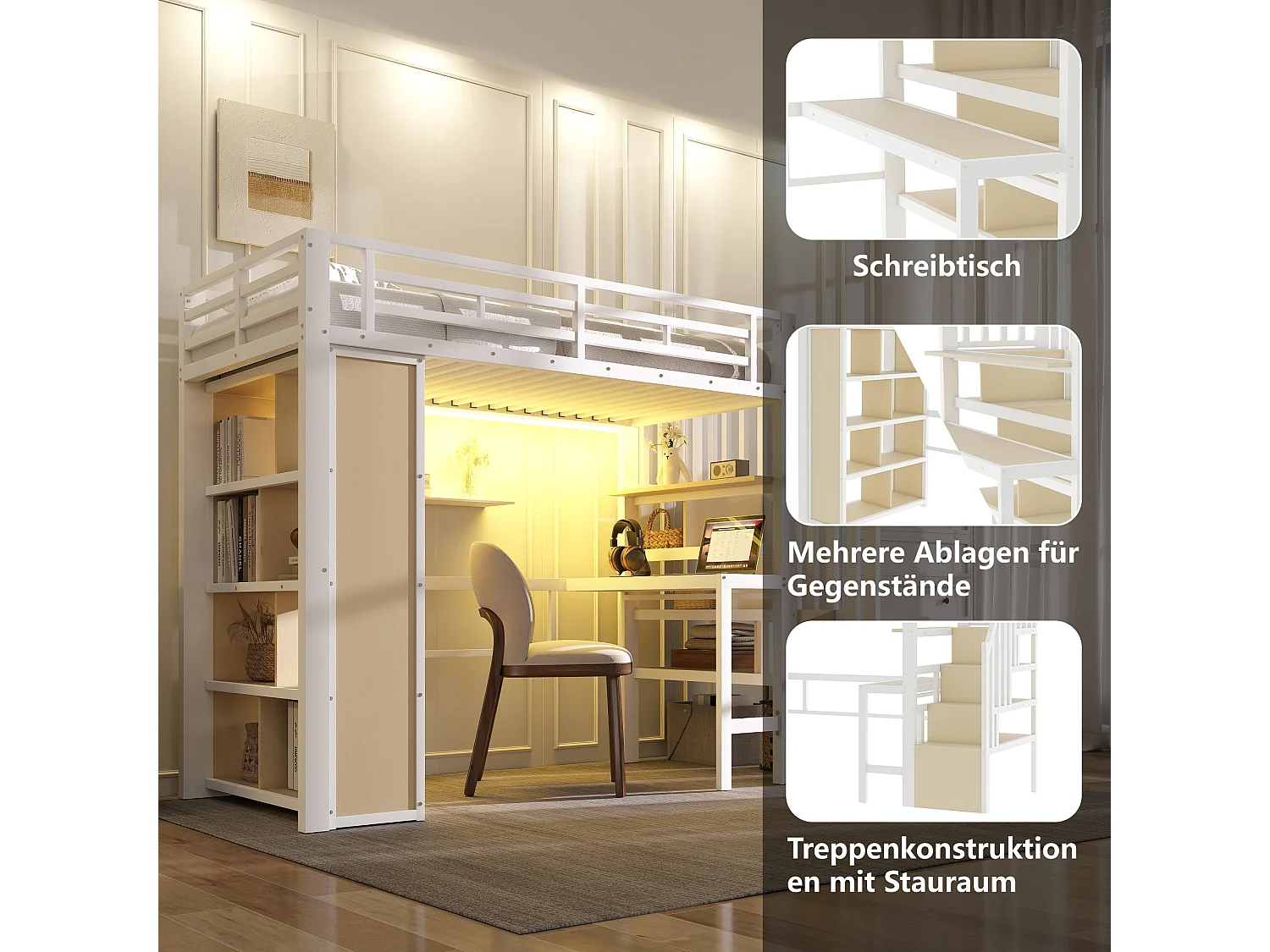 Lit mezzanine enfant - 90 x 200 cm - structure en fer - avec bureau + bibliothèque + Leds + escalier de rangement - métal - blanc