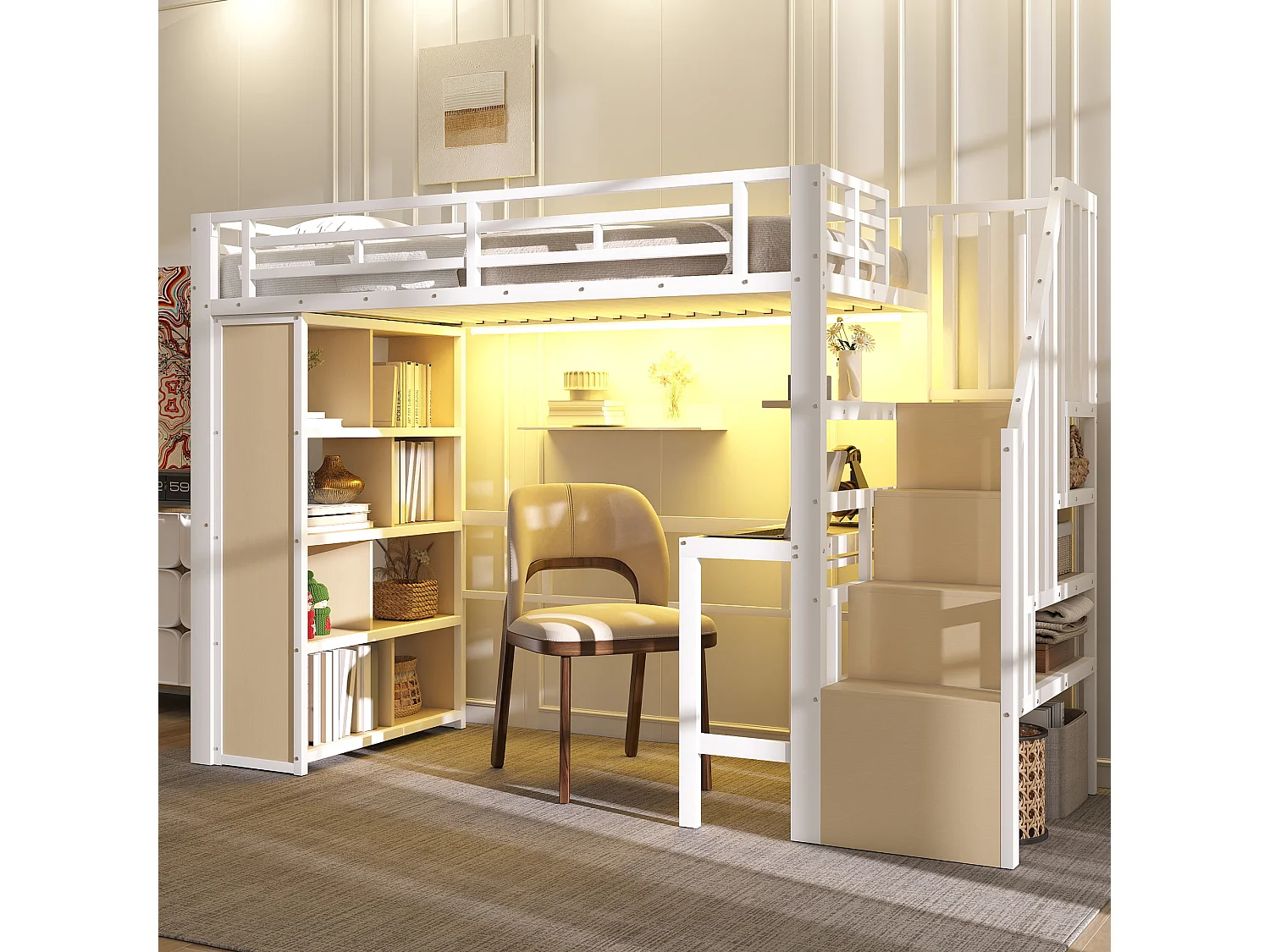 Lit mezzanine enfant - 90 x 200 cm - structure en fer - avec bureau + bibliothèque + Leds + escalier de rangement - métal - blanc