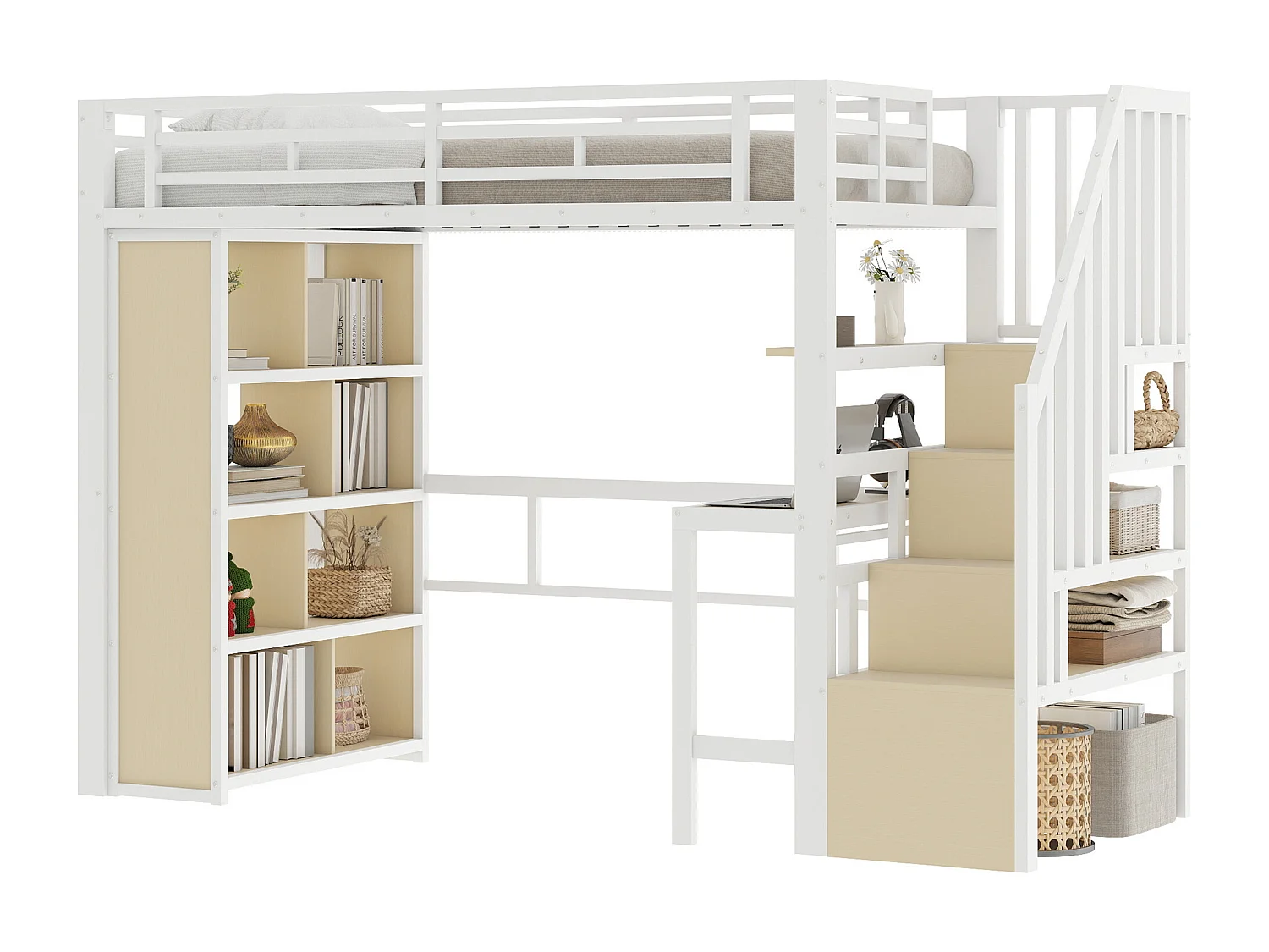 Lit mezzanine enfant - 90 x 200 cm - structure en fer - avec bureau + bibliothèque + Leds + escalier de rangement - métal - blanc