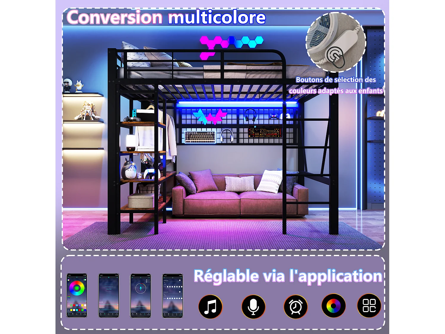 Lit mezzanine enfant - 140 x 200 cm - structure en fer - avec étagère de rangement + tringle à vêtements + Leds - métal - noir