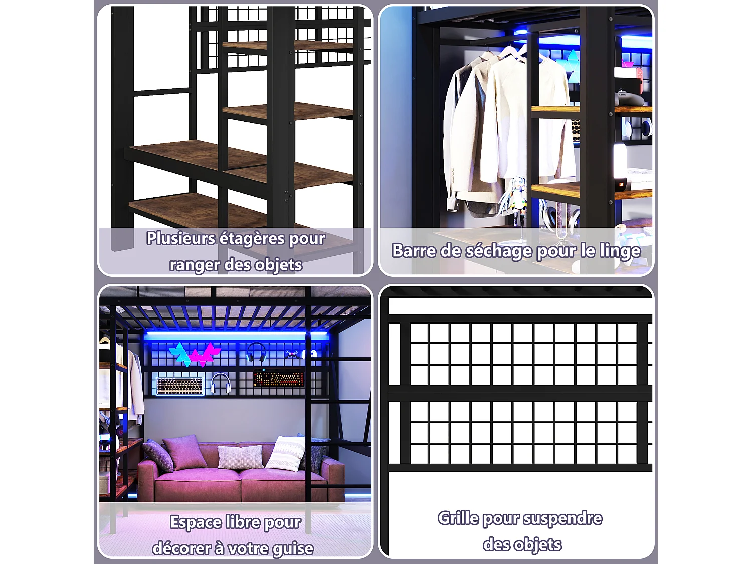 Lit mezzanine enfant - 140 x 200 cm - structure en fer - avec étagère de rangement + tringle à vêtements + Leds - métal - noir