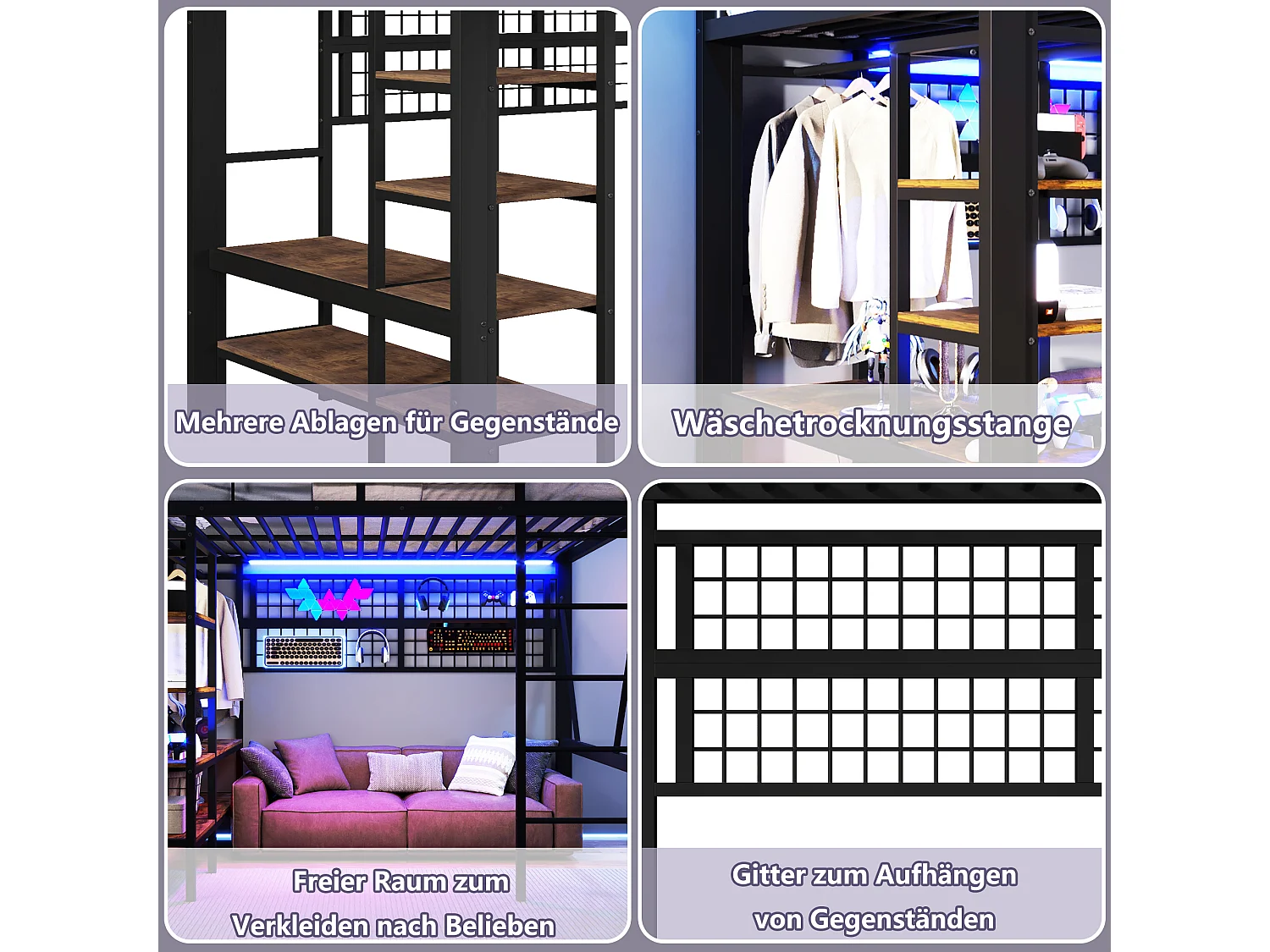 Lit mezzanine enfant - 140 x 200 cm - structure en fer - avec étagère de rangement + tringle à vêtements + Leds - métal - noir