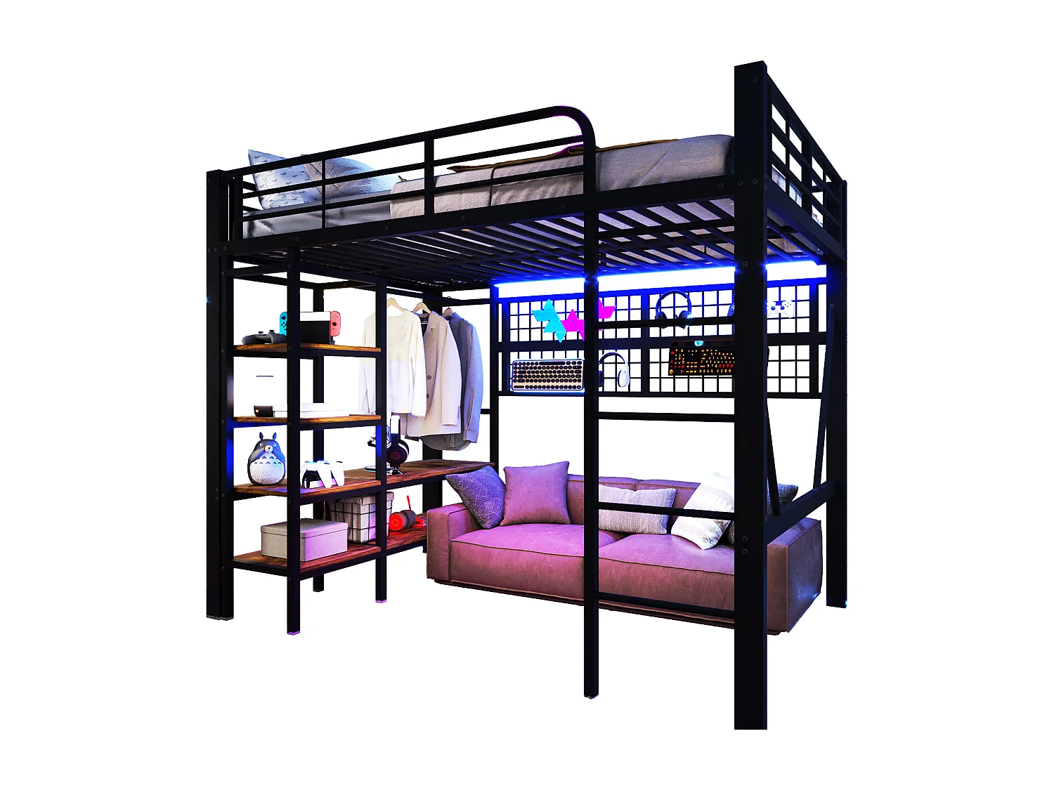 Lit mezzanine enfant - 140 x 200 cm - structure en fer - avec étagère de rangement + tringle à vêtements + Leds - métal - noir