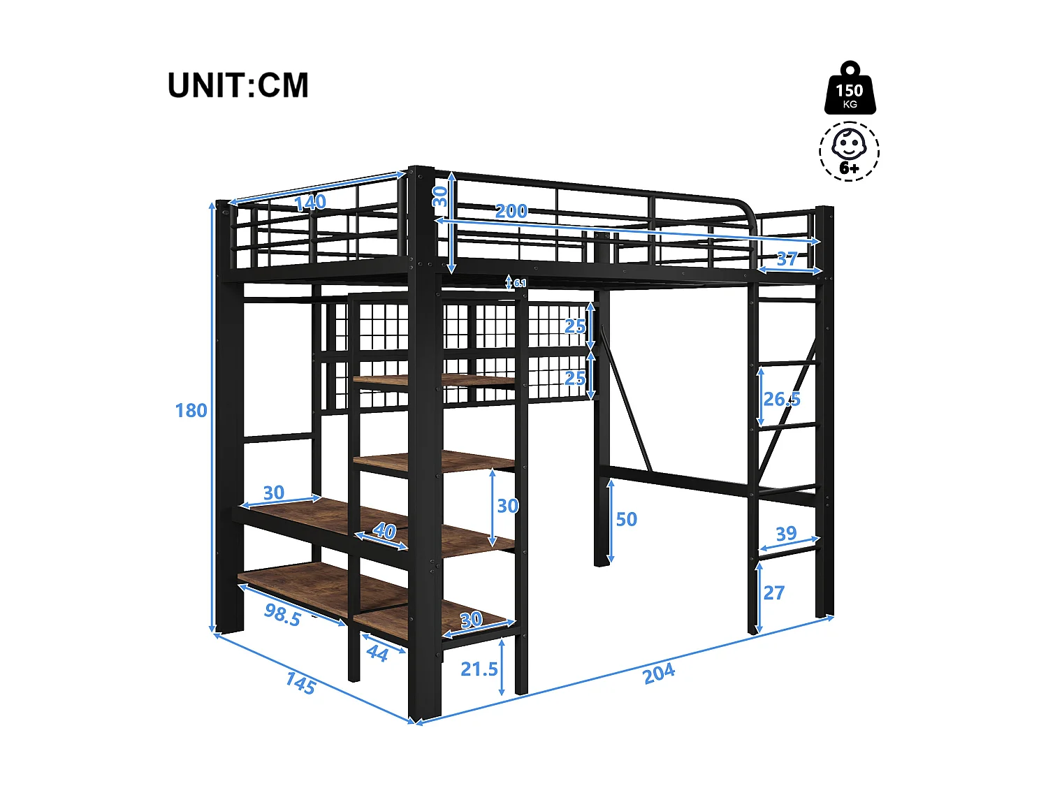Lit mezzanine enfant - 140 x 200 cm - structure en fer - avec étagère de rangement + tringle à vêtements + Leds - métal - noir