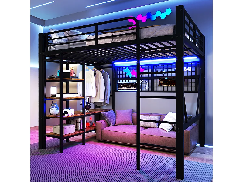 Lit mezzanine enfant - 140 x 200 cm - structure en fer - avec étagère de rangement + tringle à vêtements + Leds - métal - noir