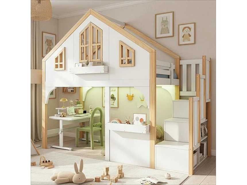 Lit mezzanine enfant - 90 x 200 cm - avec Leds + escalier de rangement - en forme de maison avec fenêtre - bois - blanc + naturel