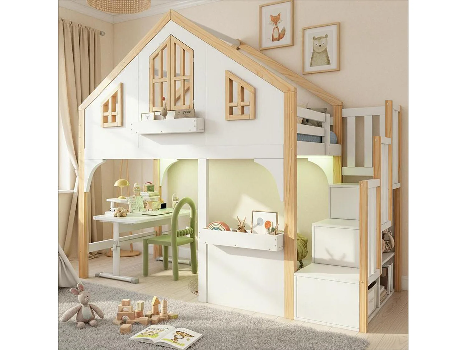 Lit mezzanine enfant - 90 x 200 cm - avec Leds + escalier de rangement - en forme de maison avec fenêtre - bois - blanc + naturel