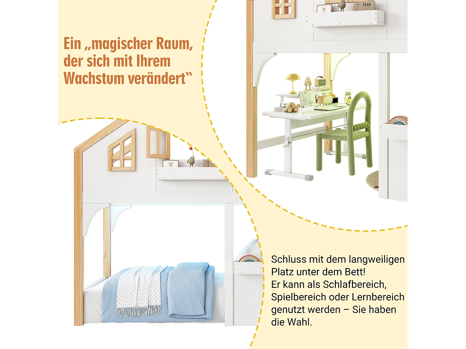 Lit mezzanine enfant - 90 x 200 cm - avec Leds + escalier de rangement - en forme de maison avec fenêtre - bois - blanc + naturel