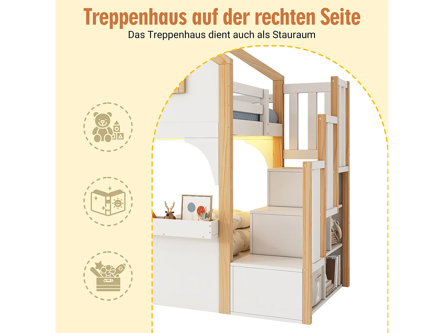 Lit mezzanine enfant - 90 x 200 cm - avec Leds + escalier de rangement - en forme de maison avec fenêtre - bois - blanc + naturel