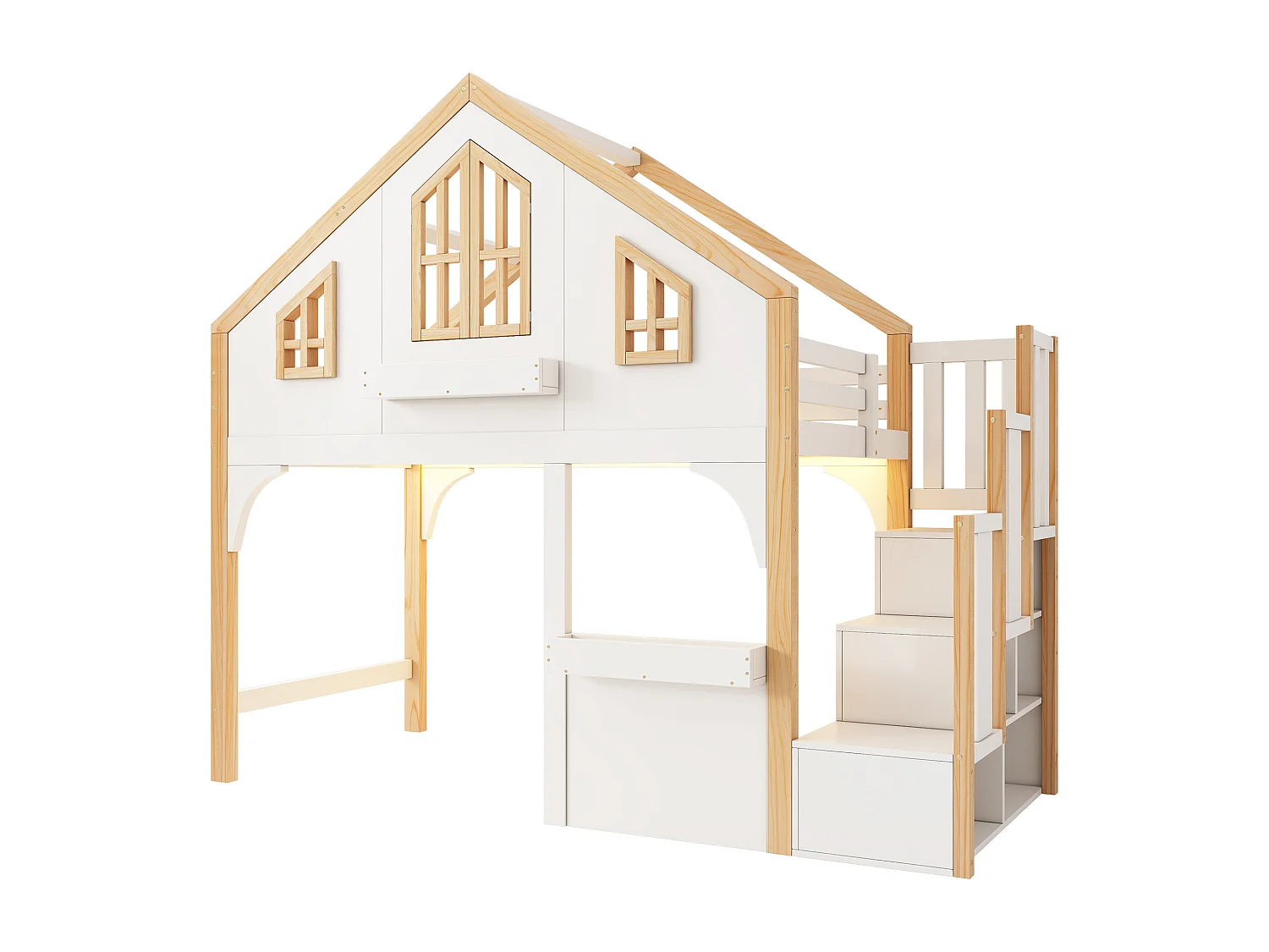 Lit mezzanine enfant - 90 x 200 cm - avec Leds + escalier de rangement - en forme de maison avec fenêtre - bois - blanc + naturel