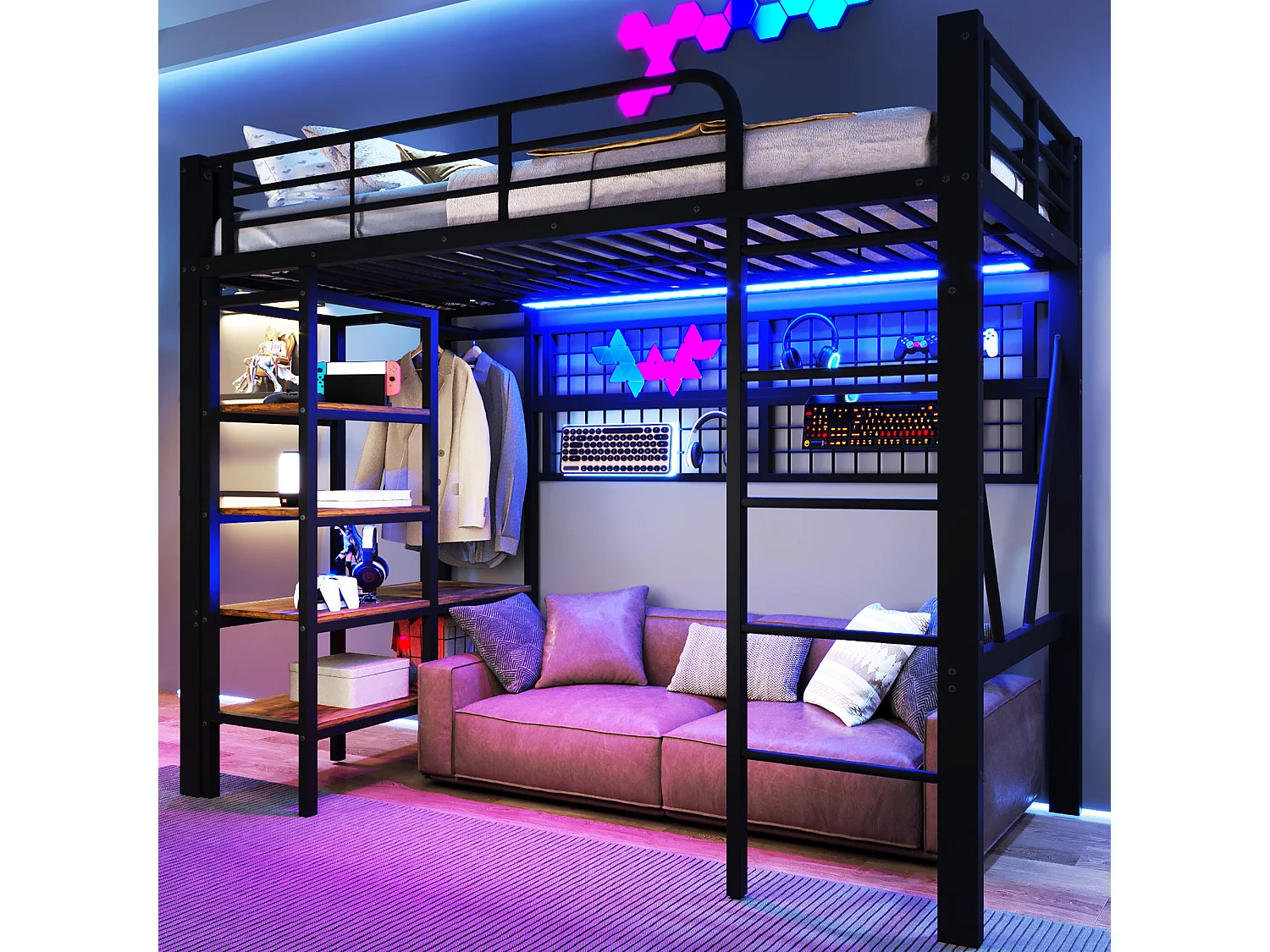 Lit mezzanine enfant - 90 x 200 cm - structure en fer - avec étagère de rangement + tringle à vêtements + Leds - métal - noir