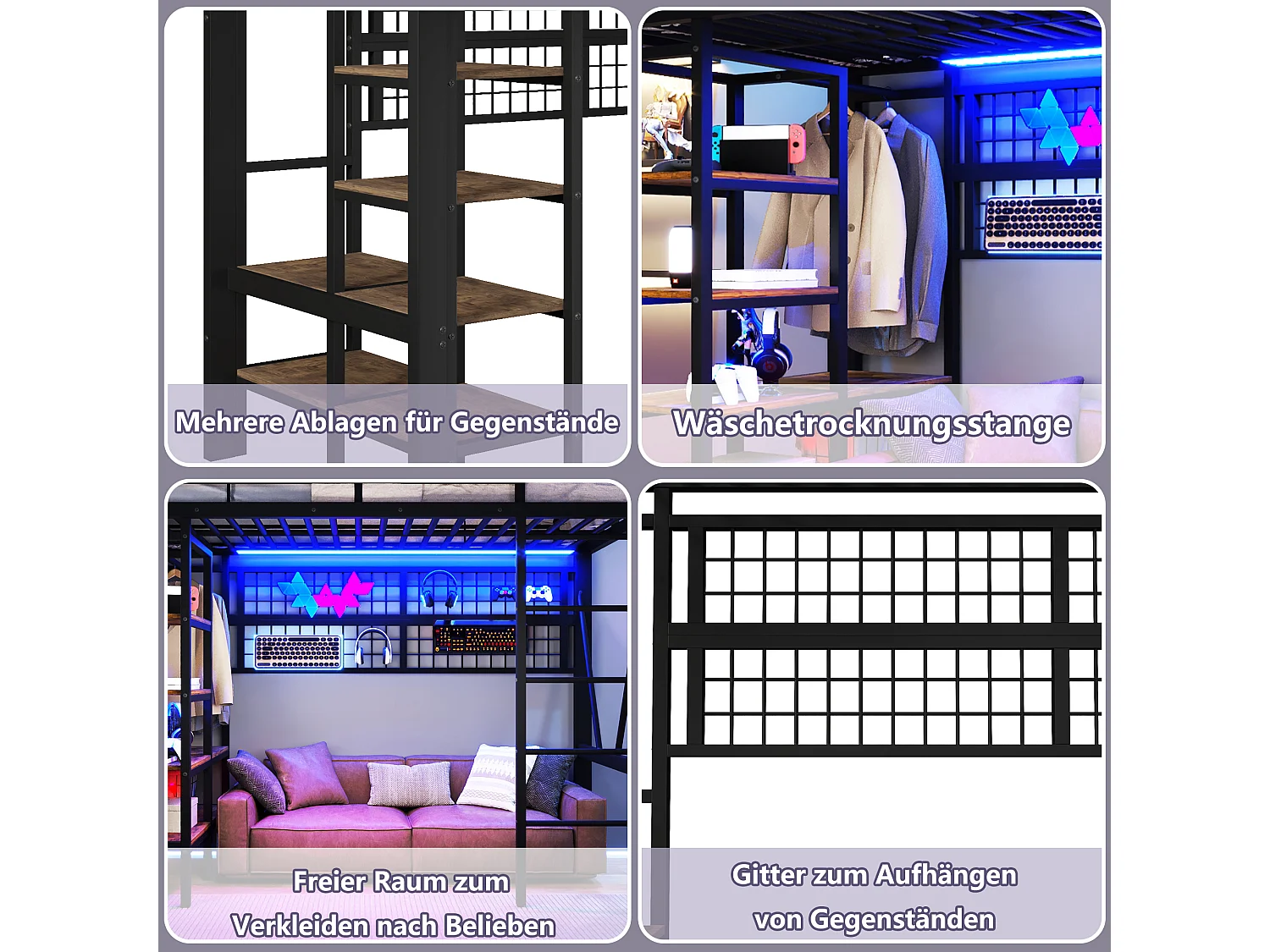Lit mezzanine enfant - 90 x 200 cm - structure en fer - avec étagère de rangement + tringle à vêtements + Leds - métal - noir