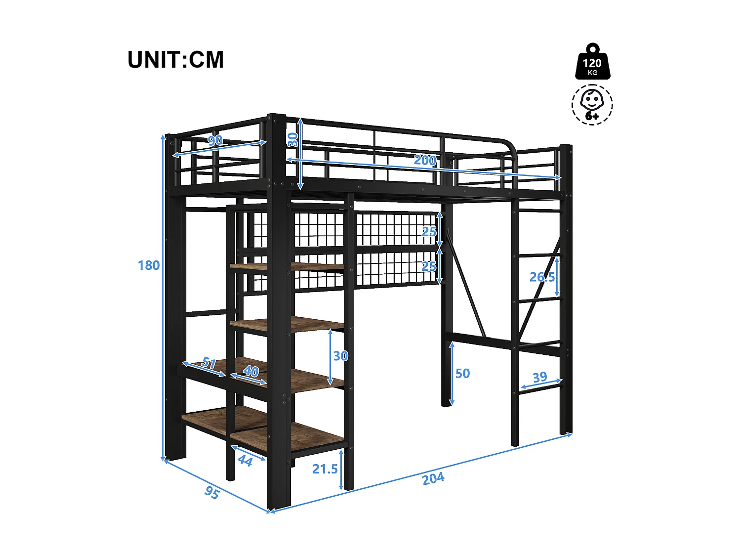 Lit mezzanine enfant - 90 x 200 cm - structure en fer - avec étagère de rangement + tringle à vêtements + Leds - métal - noir