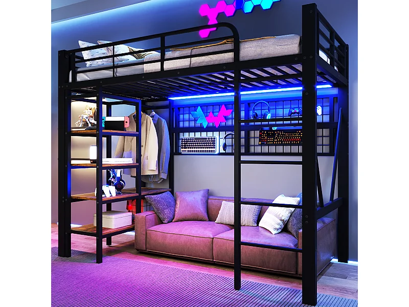 Lit mezzanine enfant - 90 x 200 cm - structure en fer - avec étagère de rangement + tringle à vêtements + Leds - métal - noir