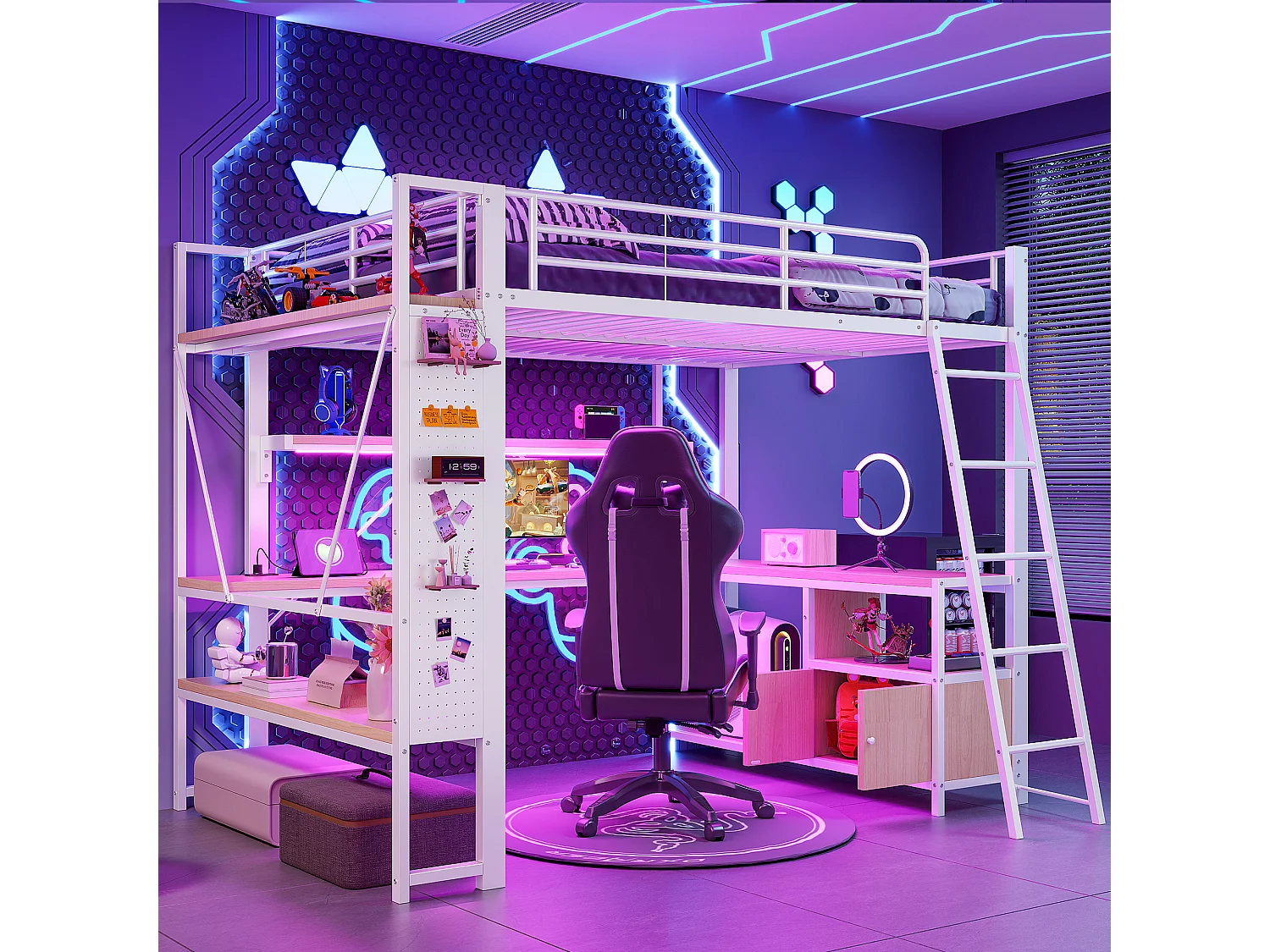 Lit mezzanine enfant - 140 x 200 cm - structure en fer - avec Leds + bureau + étagère de rangement + USB - métal - blanc