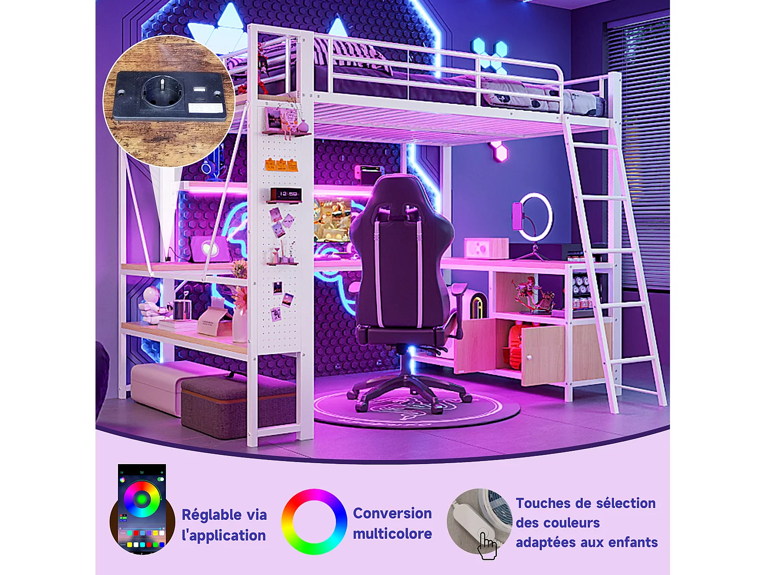 Lit mezzanine enfant - 140 x 200 cm - structure en fer - avec Leds + bureau + étagère de rangement + USB - métal - blanc