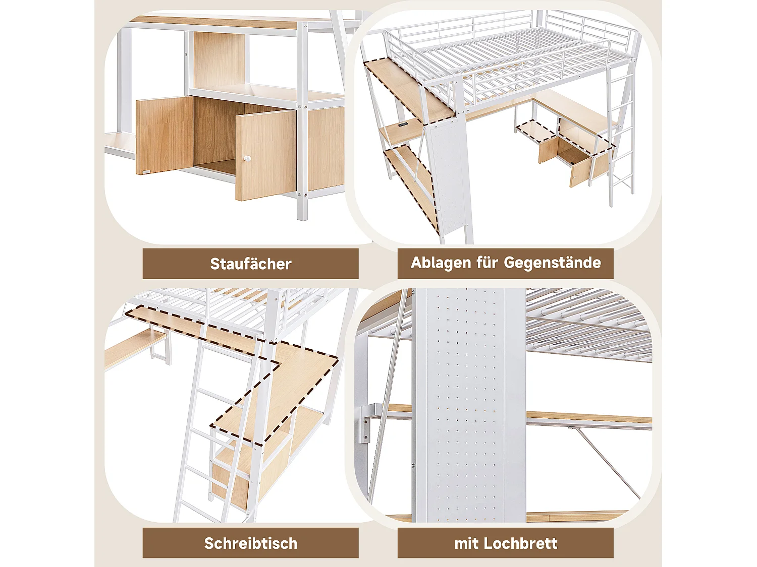 Lit mezzanine enfant - 140 x 200 cm - structure en fer - avec Leds + bureau + étagère de rangement + USB - métal - blanc