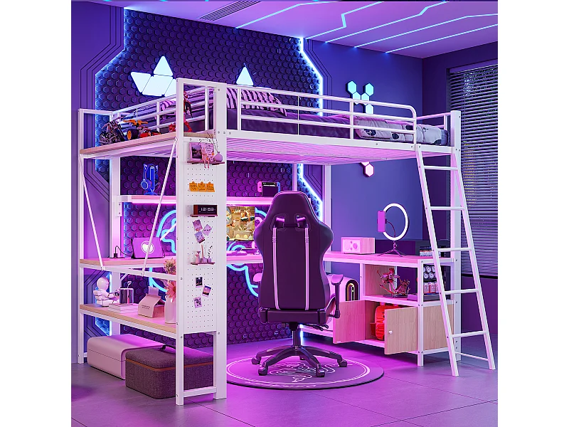 Lit mezzanine enfant - 140 x 200 cm - structure en fer - avec Leds + bureau + étagère de rangement + USB - métal - blanc