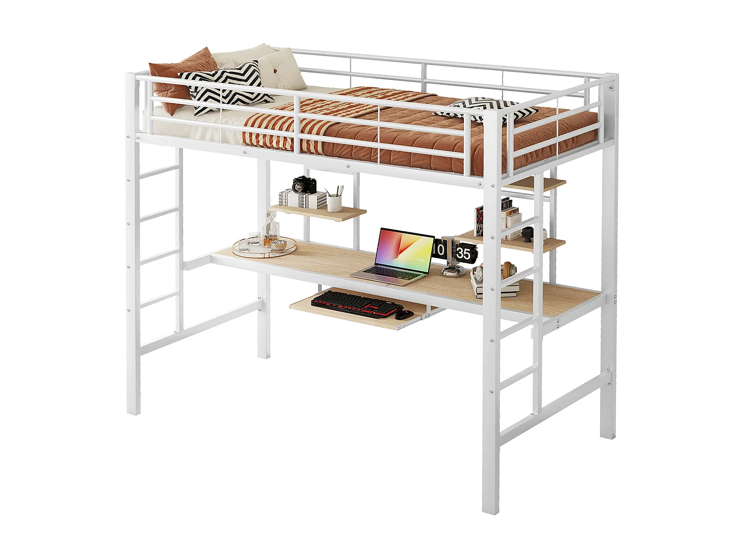 Lit mezzanine pour enfant - 90 x 200 cm - avec bureau + étagères de rangement - métal + MDF - blanc