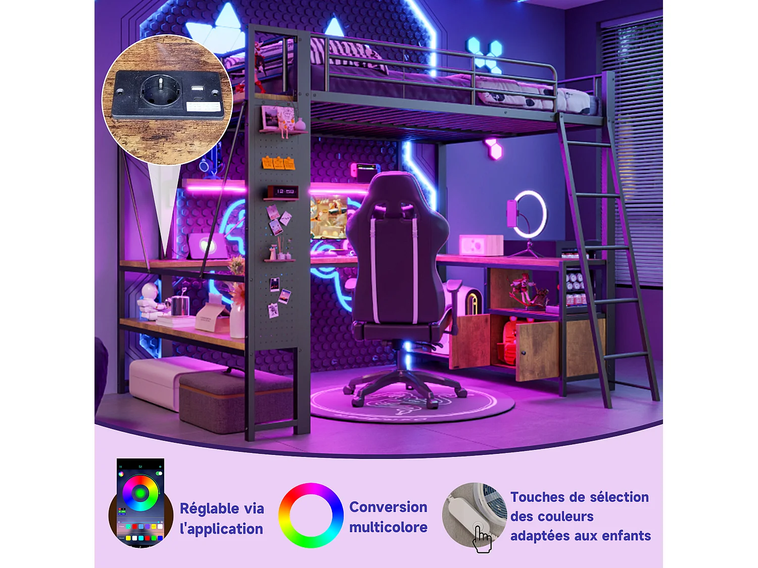 Lit mezzanine enfant - 140 x 200 cm - structure en fer - avec Leds + bureau + étagère de rangement + USB - métal - noir