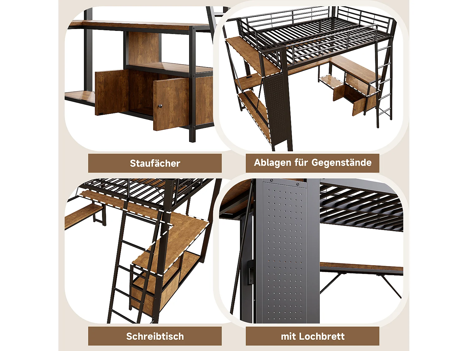Lit mezzanine enfant - 140 x 200 cm - structure en fer - avec Leds + bureau + étagère de rangement + USB - métal - noir