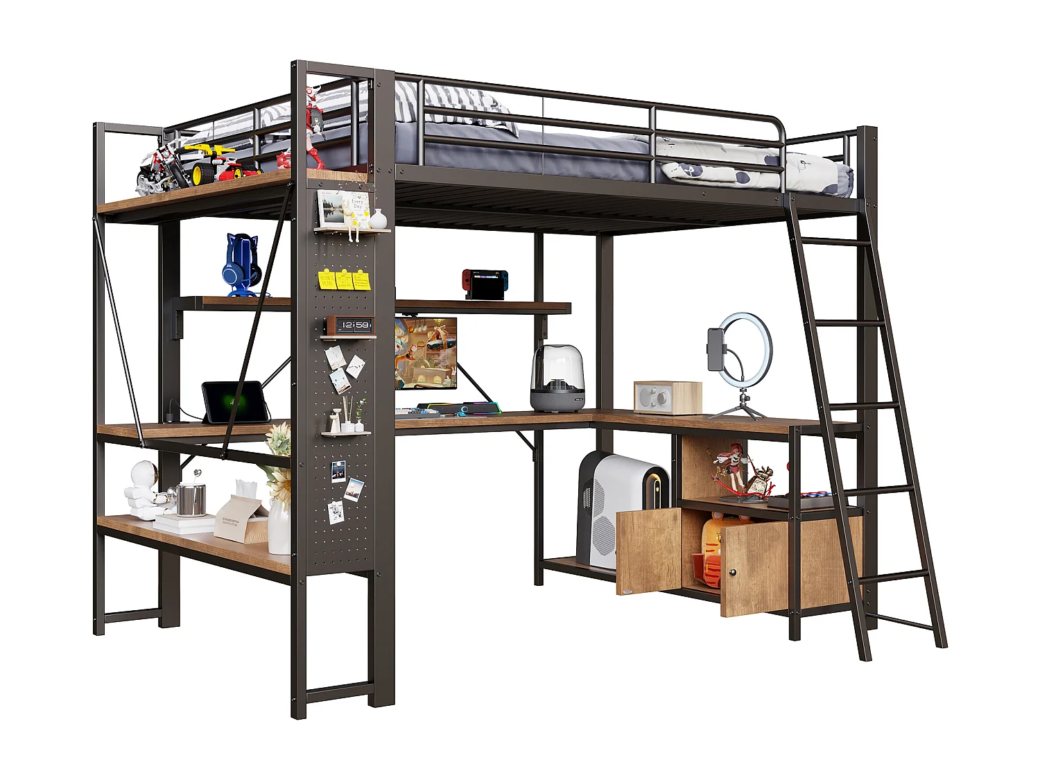 Lit mezzanine enfant - 140 x 200 cm - structure en fer - avec Leds + bureau + étagère de rangement + USB - métal - noir