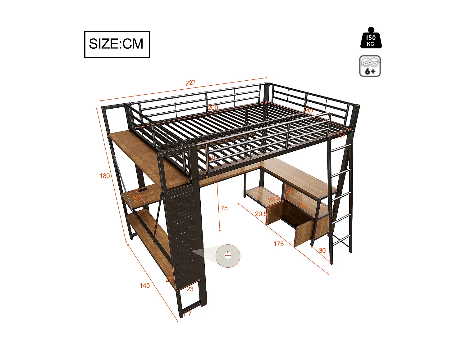 Lit mezzanine enfant - 140 x 200 cm - structure en fer - avec Leds + bureau + étagère de rangement + USB - métal - noir