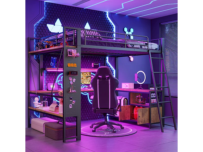 Lit mezzanine enfant - 140 x 200 cm - structure en fer - avec Leds + bureau + étagère de rangement + USB - métal - noir