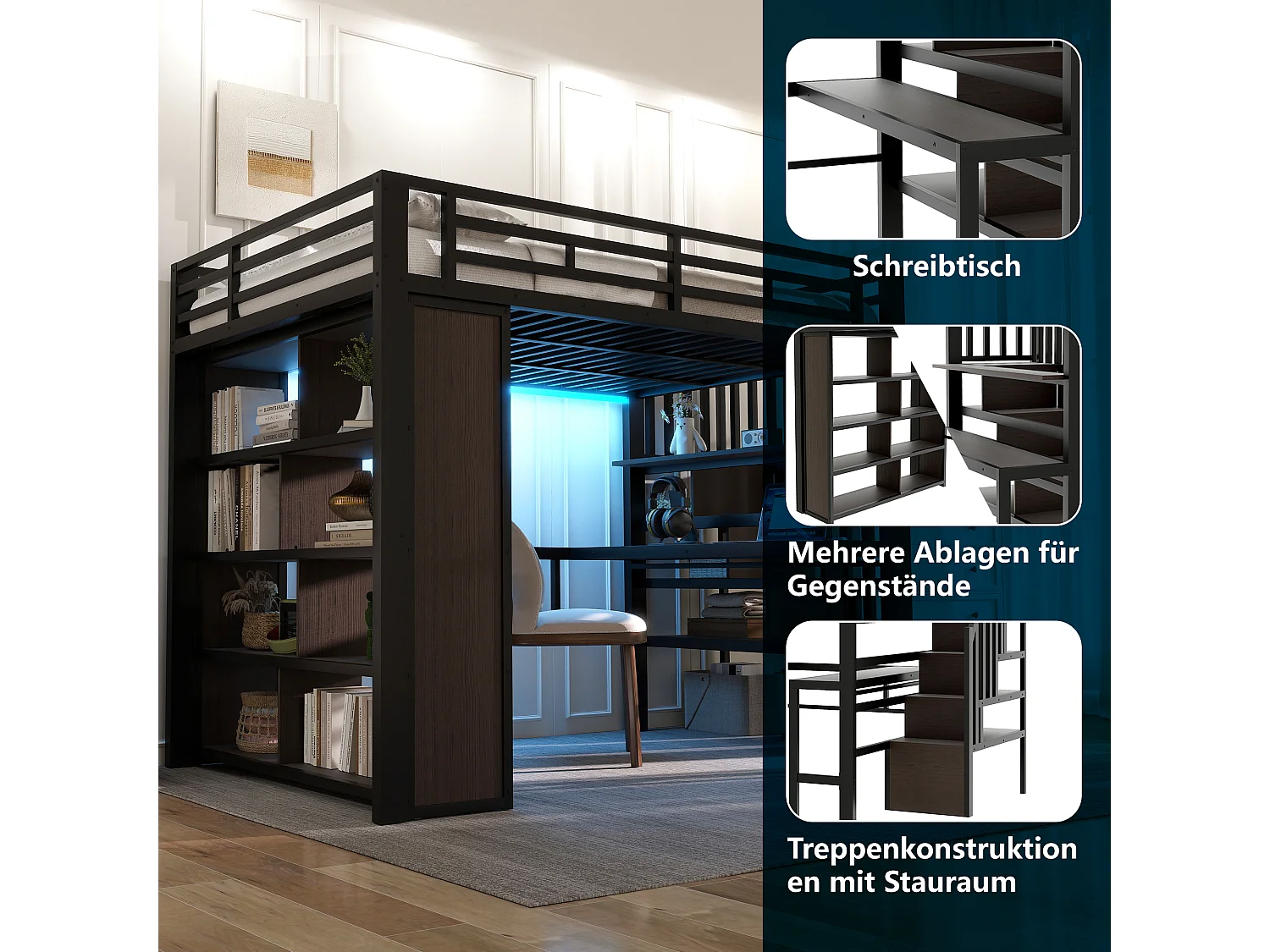 Lit mezzanine enfant - 140 x 200 cm - structure en fer - avec bureau + bibliothèque + Leds + escalier de rangement - métal - noir