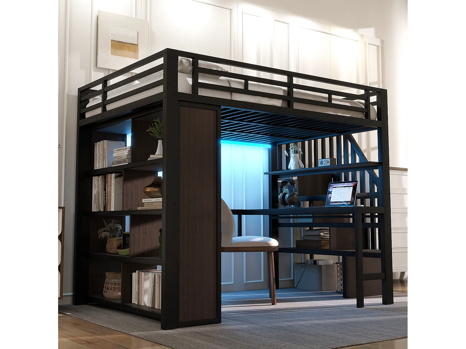 Lit mezzanine enfant - 140 x 200 cm - structure en fer - avec bureau + bibliothèque + Leds + escalier de rangement - métal - noir