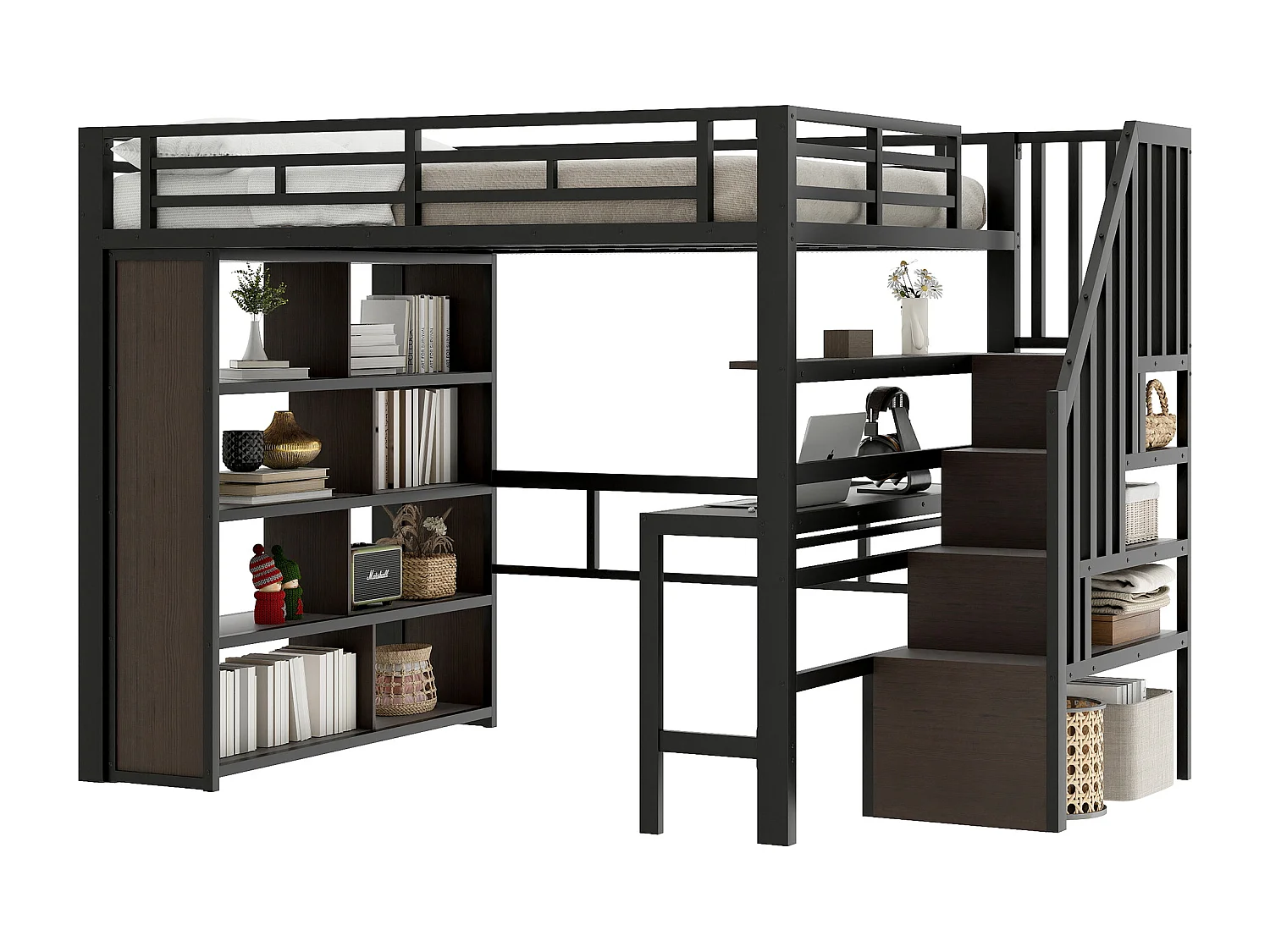 Lit mezzanine enfant - 140 x 200 cm - structure en fer - avec bureau + bibliothèque + Leds + escalier de rangement - métal - noir