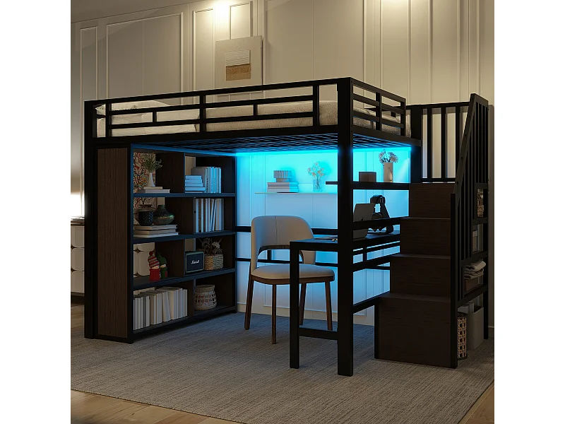 Lit mezzanine enfant - 140 x 200 cm - structure en fer - avec bureau + bibliothèque + Leds + escalier de rangement - métal - noir