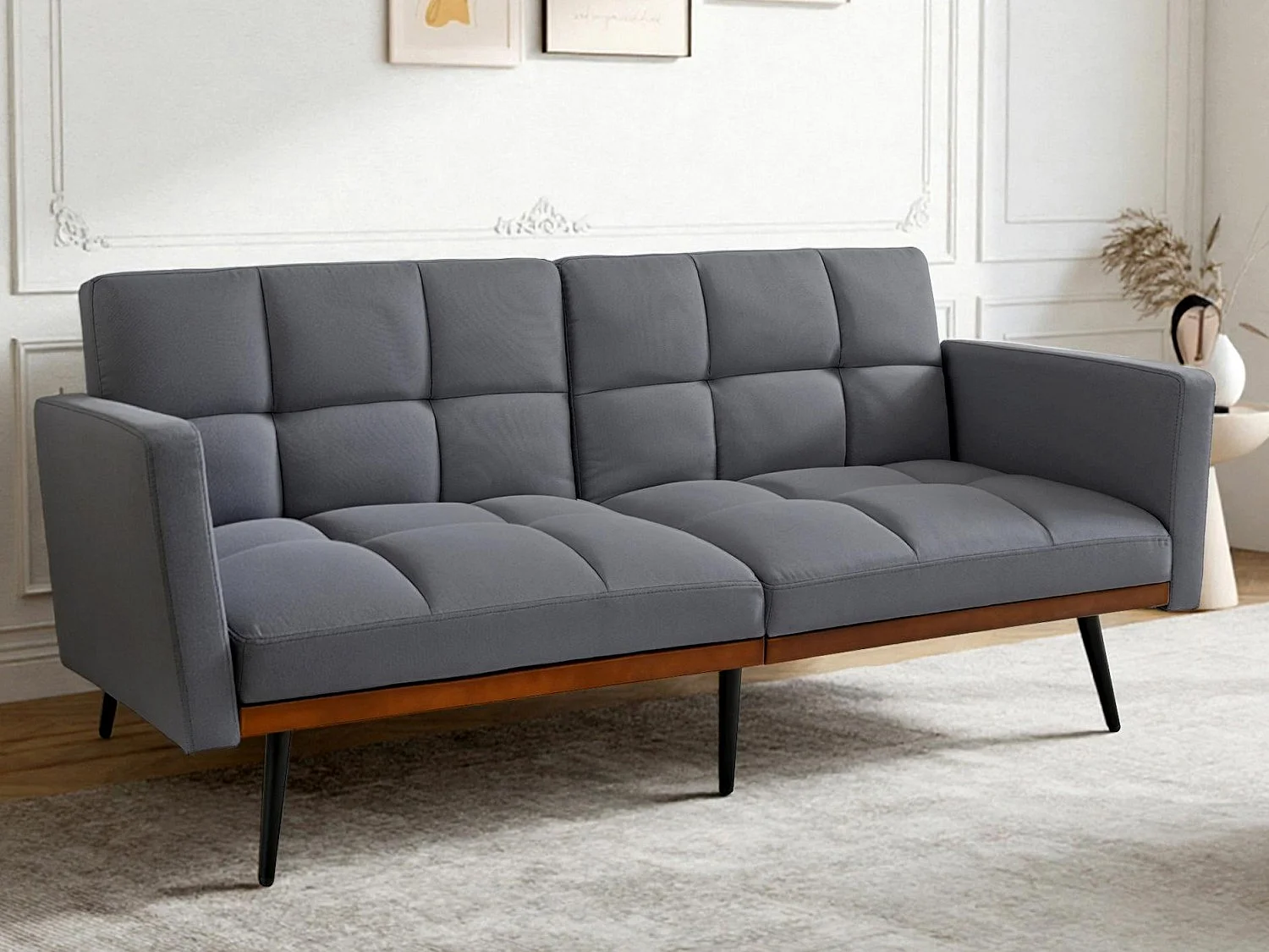 Canapé Relax 2 Places avec Accoudoirs - Design Mid-Century Moderne avec Dossier Capitonné Réglable 5 Positions - Lin Gris à Carreaux - Idéal Salon Moderne