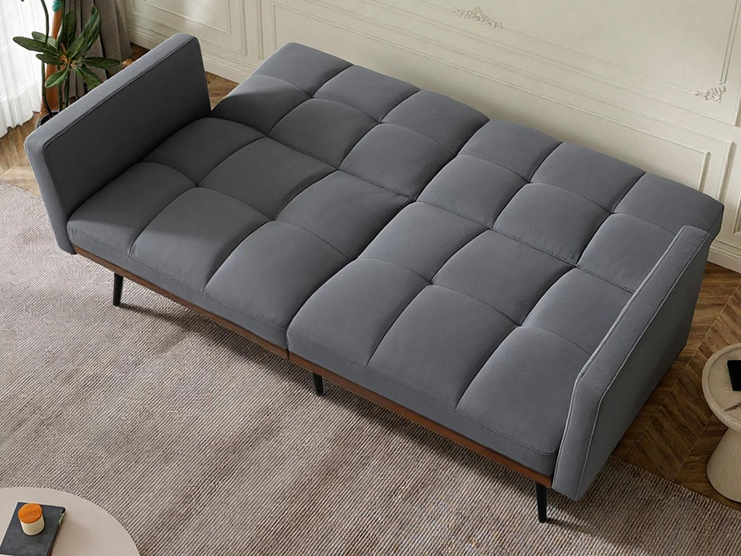 Canapé Relax 2 Places avec Accoudoirs - Design Mid-Century Moderne avec Dossier Capitonné Réglable 5 Positions - Lin Gris à Carreaux - Idéal Salon Moderne