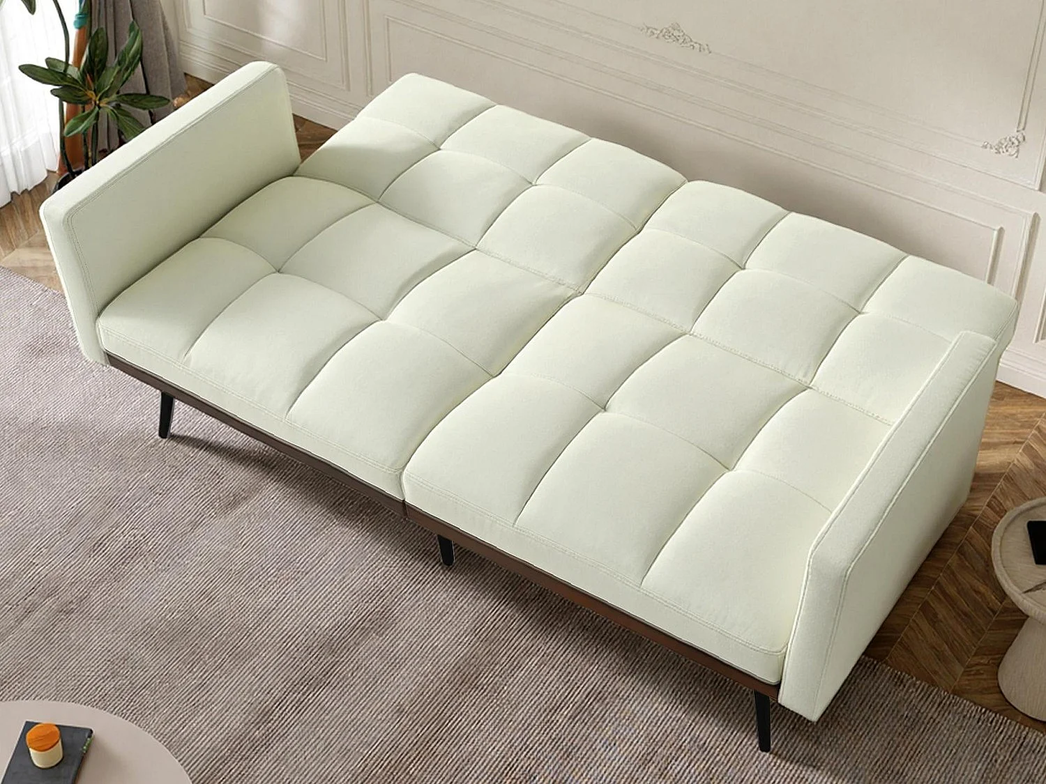 Canapé Relax 2 Places avec Accoudoirs - Design Mid-Century Moderne avec Dossier Capitonné Réglable 5 Positions - Lin Gris à Carreaux - Idéal Salon Moderne