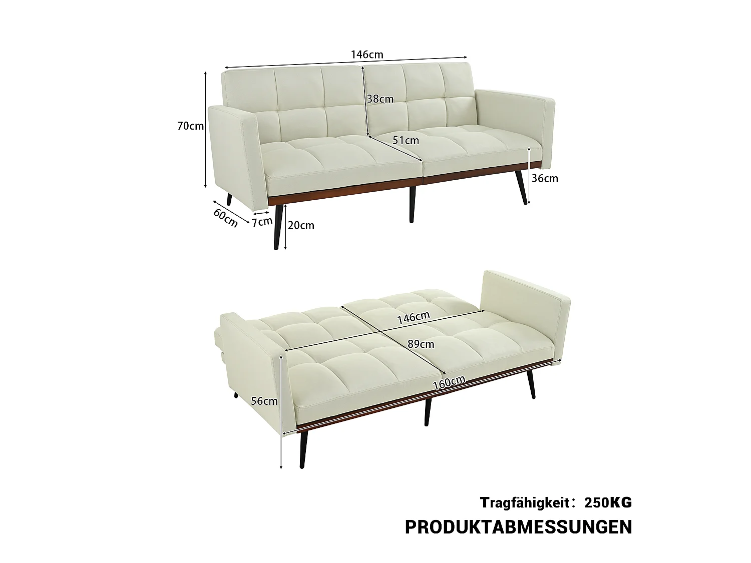 Canapé Relax 2 Places avec Accoudoirs - Design Mid-Century Moderne avec Dossier Capitonné Réglable 5 Positions - Lin Gris à Carreaux - Idéal Salon Moderne