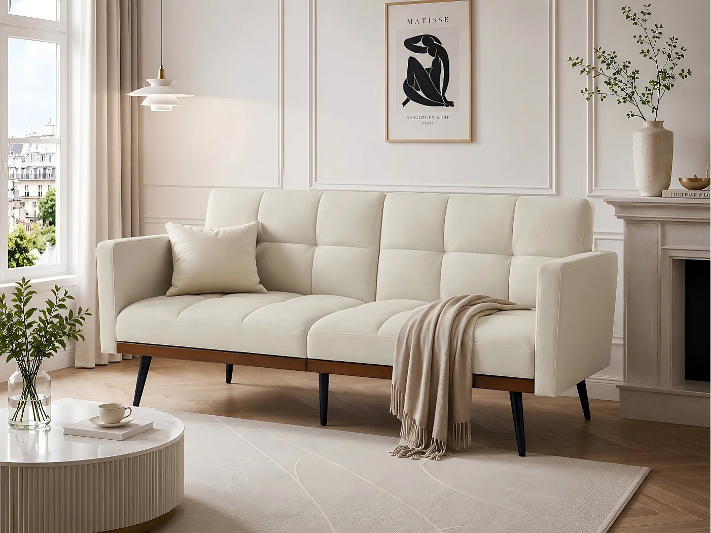 Canapé Relax 2 Places avec Accoudoirs - Design Mid-Century Moderne avec Dossier Capitonné Réglable 5 Positions - Lin Gris à Carreaux - Idéal Salon Moderne