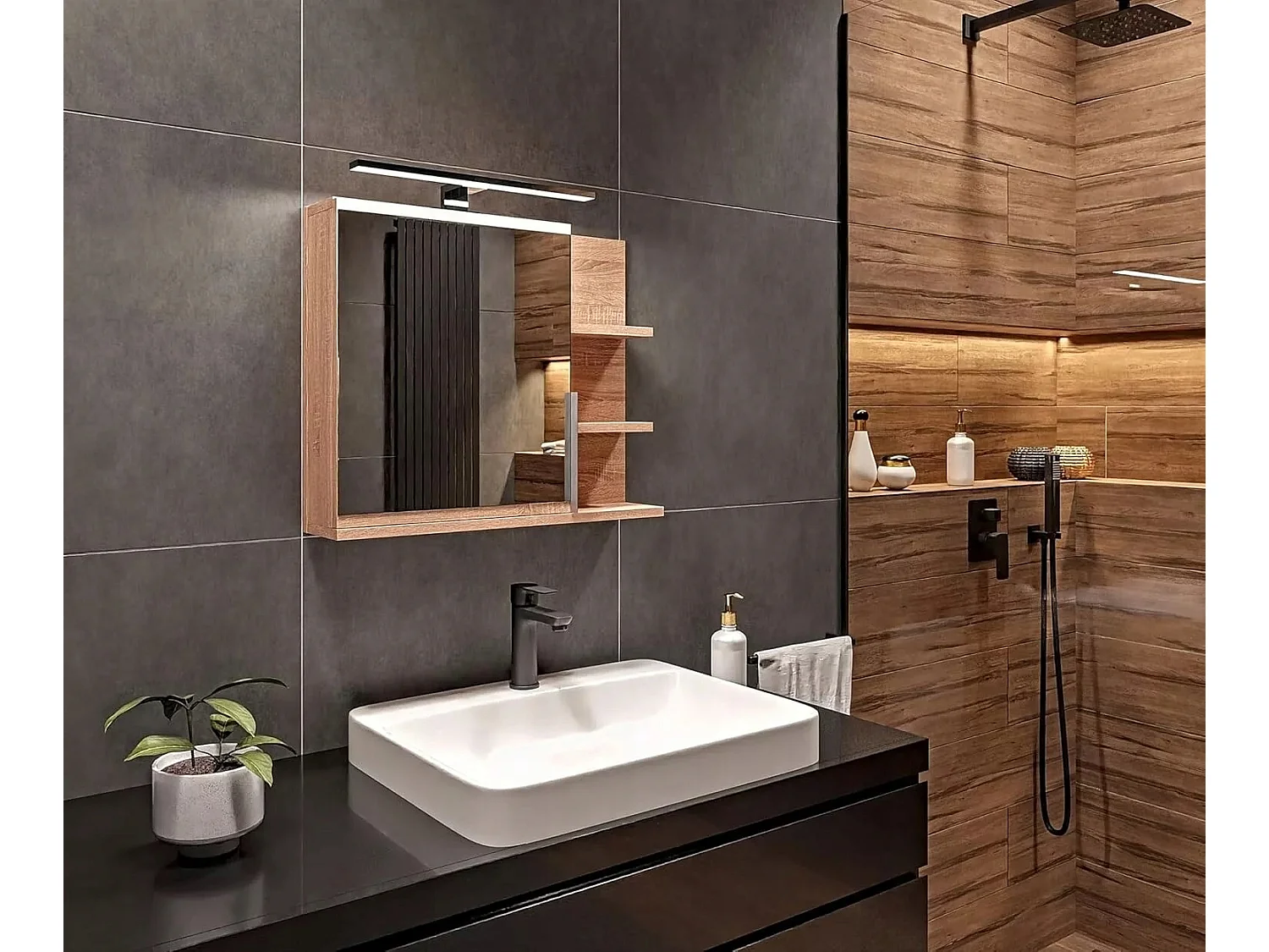 Meuble de salle de bain LED 60x50 cm avec miroir et étagères en sonoma