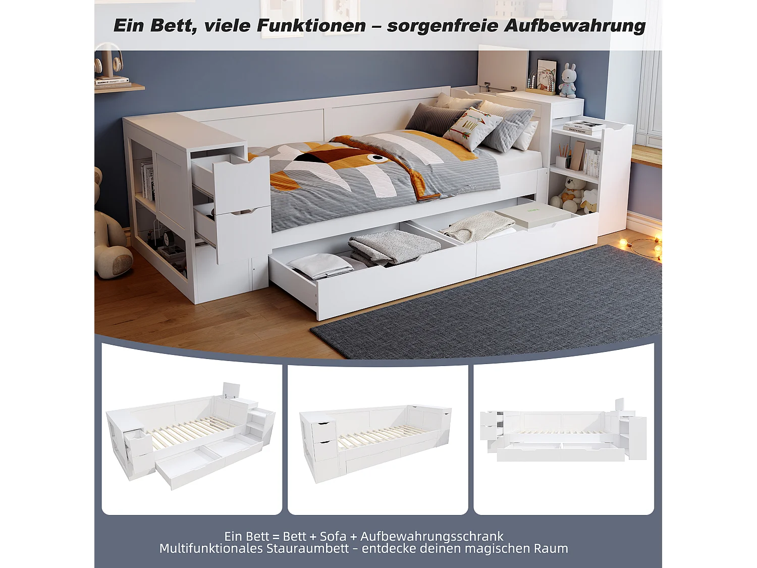 Lit coffre pour enfant - 90 x 190 cm - canapé-lit avec 3 tiroirs - avec tables de chevet - MDF - blanc