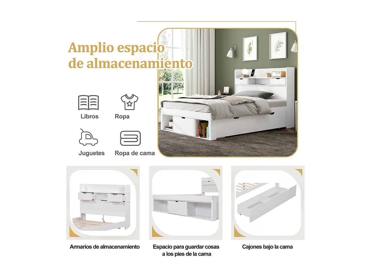 Lit coffre pour enfant - 135 x 190 cm - avec USB + tiroirs + étagère de rangement - MDF - blanc