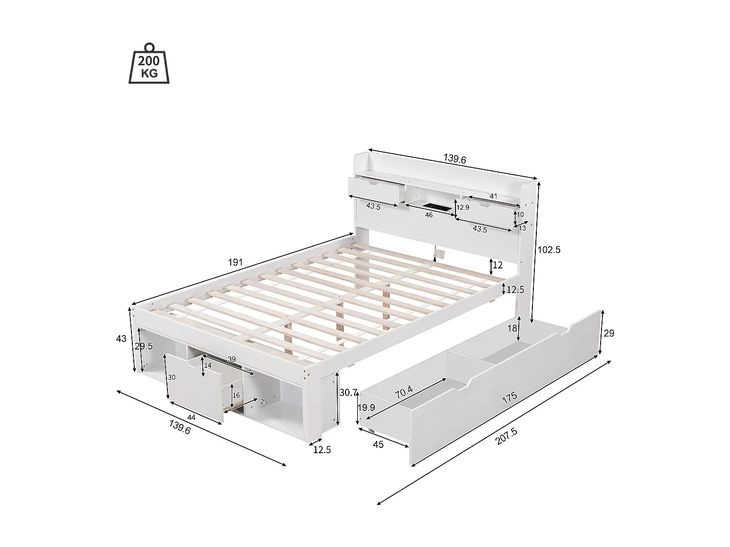 Lit coffre pour enfant - 135 x 190 cm - avec USB + tiroirs + étagère de rangement - MDF - blanc
